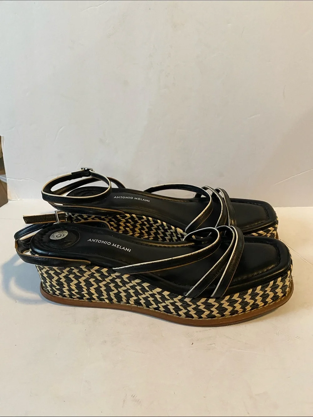 ANTONIO MELANI Black Woven Platform Wedge Sandals